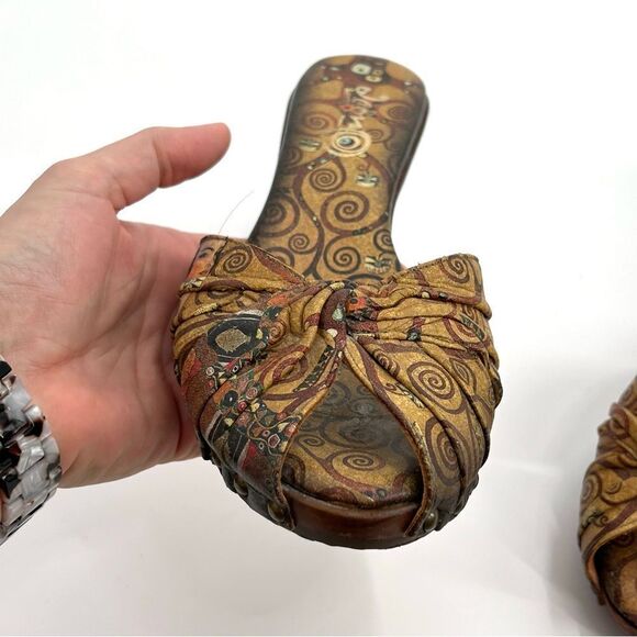 Jcon painted tan brown leather peep toe wooden wedge sole size 9.5 - Picture 7 of 12